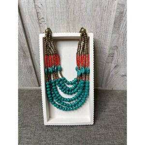 Vintage Tanjore Multi Strand Necklace w/ Turquoise & Coral Beads Brass Chain